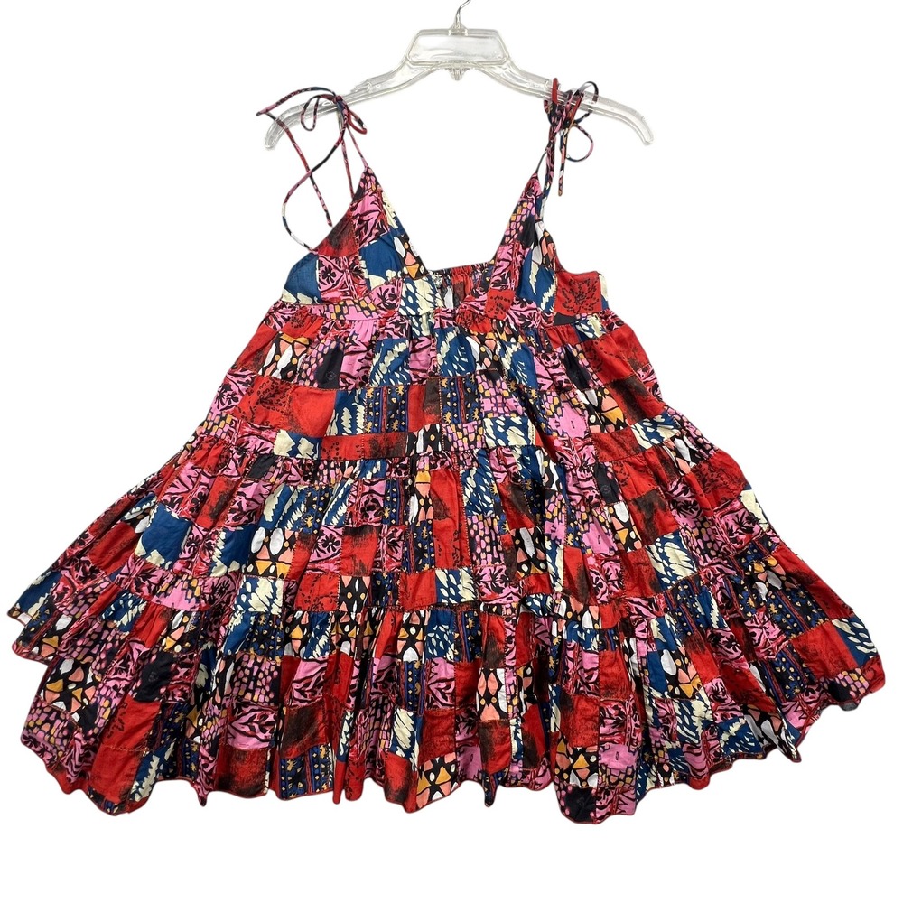 Free People Intimately Slip Dress Women XS Red Multi Patchwork Boho Tiered Mini